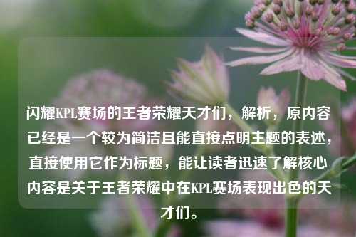 闪耀KPL赛场的王者荣耀天才们，解析，原内容已经是一个较为简洁且能直接点明主题的表述，直接使用它作为标题，能让读者迅速了解核心内容是关于王者荣耀中在KPL赛场表现出色的天才们。