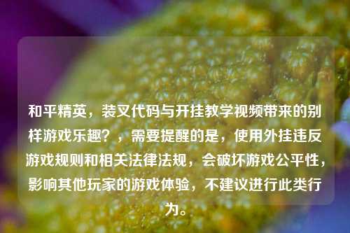 和平精英,装叉代码与开挂教学视频带来的别样游戏乐趣?,需要提醒的是,使用外挂违反游戏规则和相关法律法规,会破坏游戏公平性,影响其他玩家的游戏体验,不建议进行此类行为。
